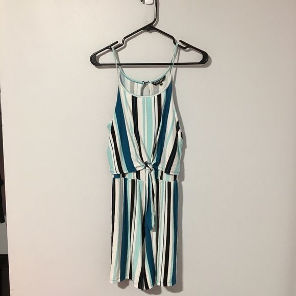 George women’s blue black white tie front striped romper size M - Picture 1 of 8